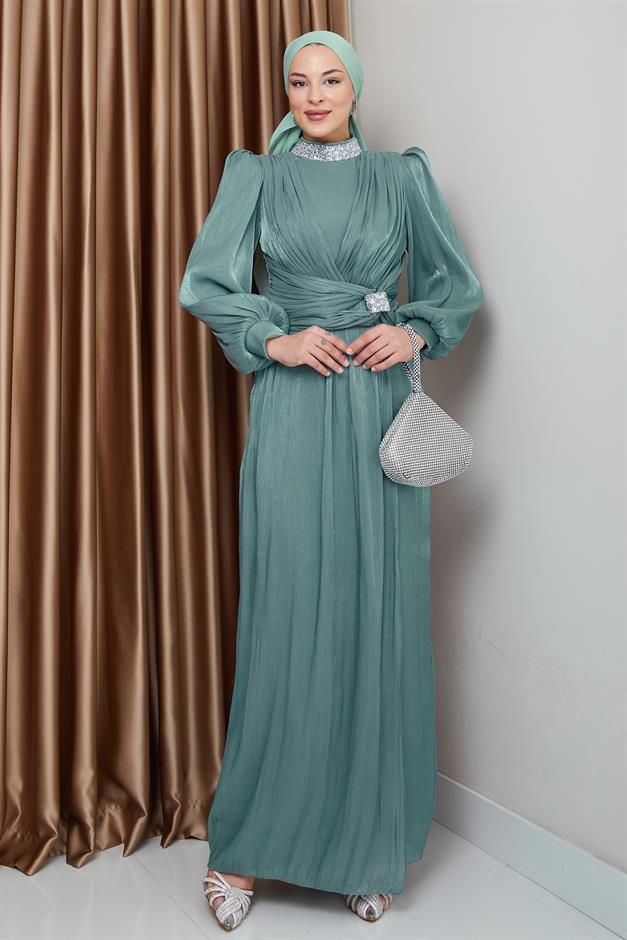 فستان سهرة حرير من يوريو مع فيونكة وياقة حجرية أخضر مائي 1236
