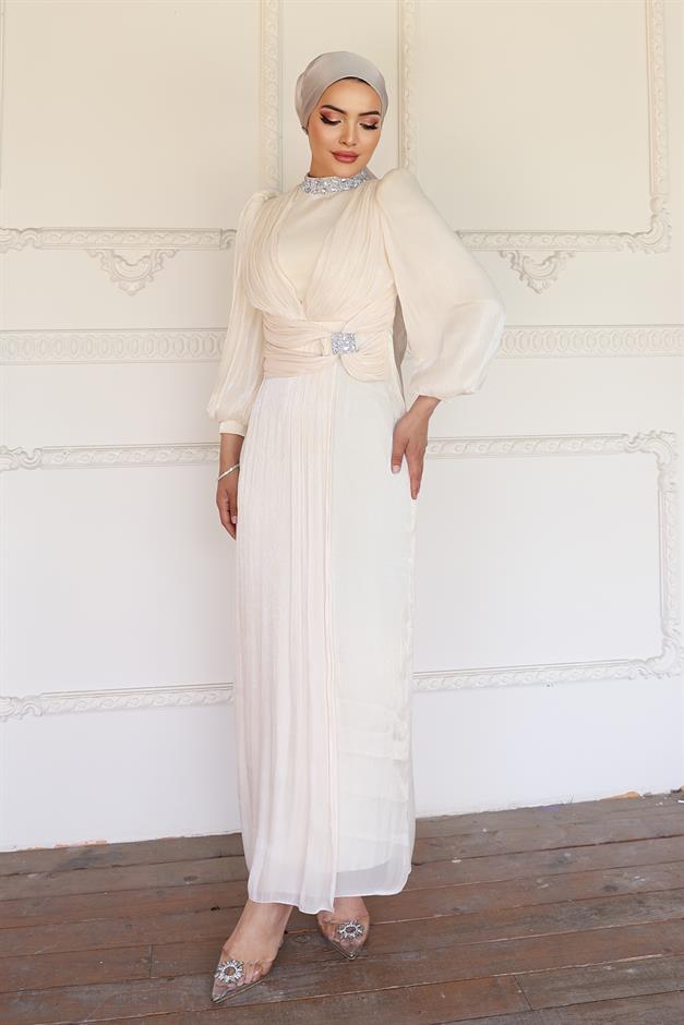 فستان سهرة حرير من يوريو مع فيونكة وياقة حجرية العاج 1236