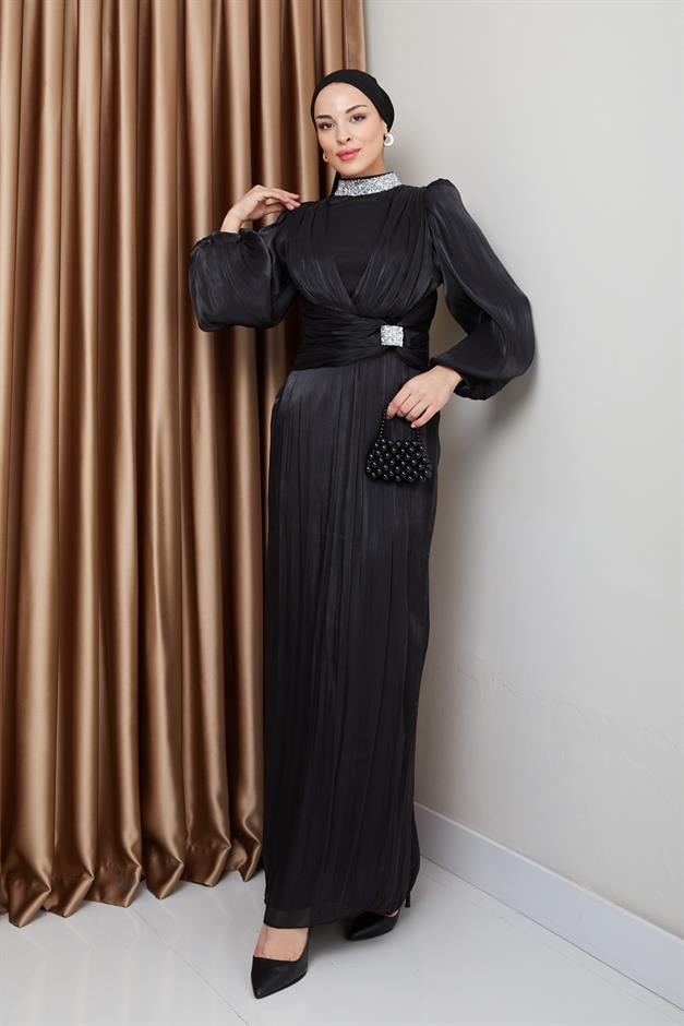 فستان سهرة حرير من يوريو مع فيونكة وياقة حجرية أسود 1236