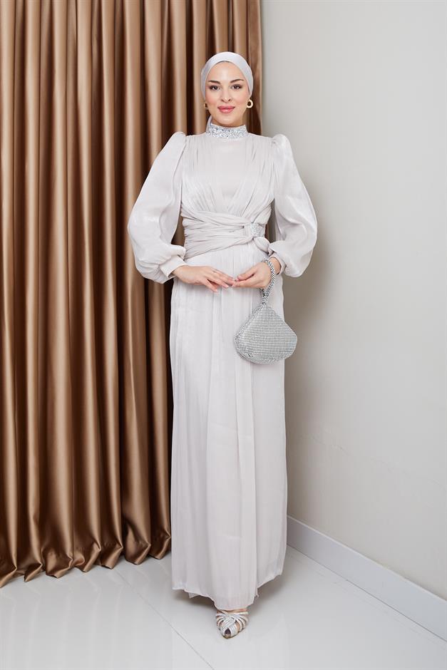 فستان سهرة حرير من يوريو مع فيونكة وياقة حجرية حجر 1236