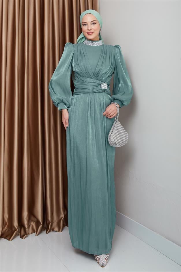 فستان سهرة حرير من يوريو مع فيونكة وياقة حجرية أخضر مائي 1236