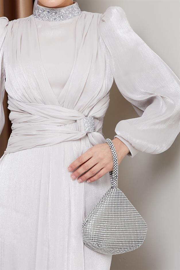 فستان سهرة حرير من يوريو مع فيونكة وياقة حجرية حجر 1236