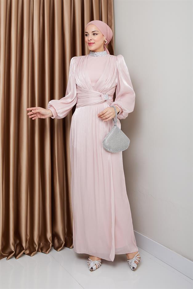 فستان سهرة حرير من يوريو مع فيونكة وياقة حجرية مسحوق 1236