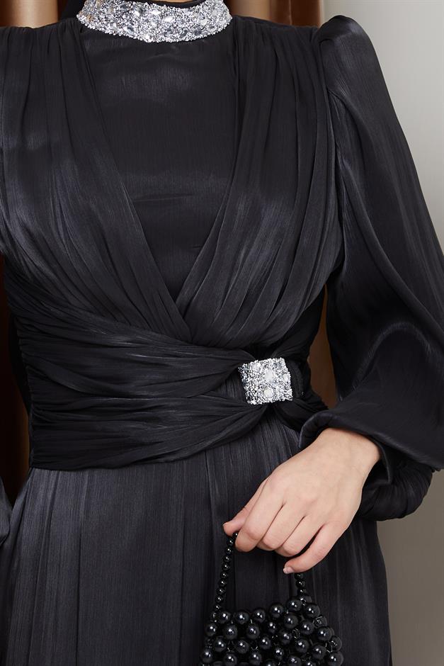 فستان سهرة حرير من يوريو مع فيونكة وياقة حجرية أسود 1236