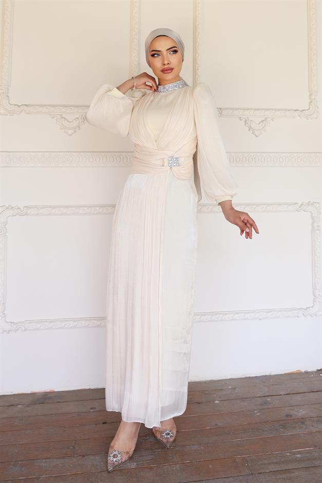 فستان سهرة حرير من يوريو مع فيونكة وياقة حجرية العاج 1236