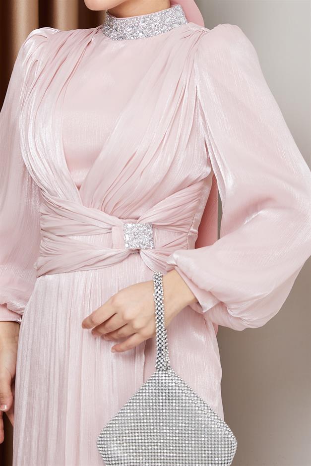 فستان سهرة حرير من يوريو مع فيونكة وياقة حجرية مسحوق 1236