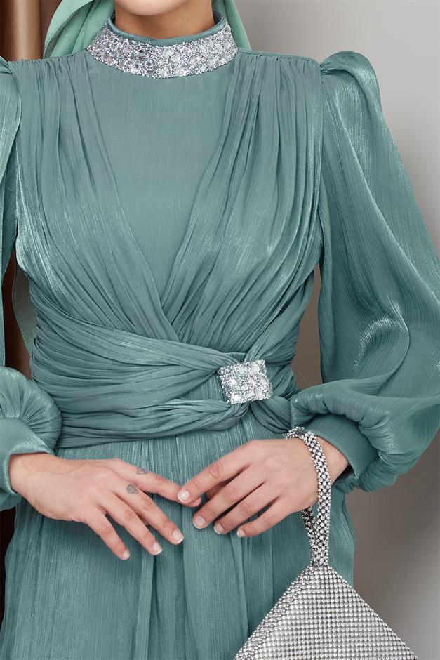 فستان سهرة حرير من يوريو مع فيونكة وياقة حجرية أخضر مائي 1236