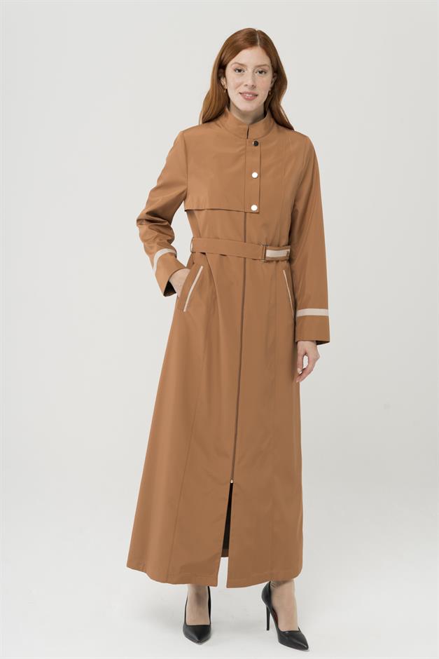 Garni Detaylı Fermuar Kapamalı Uzun Trençkot TABA 4291