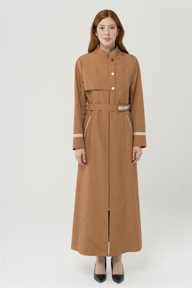 Garni Detaylı Fermuar Kapamalı Uzun Trençkot TABA 4291