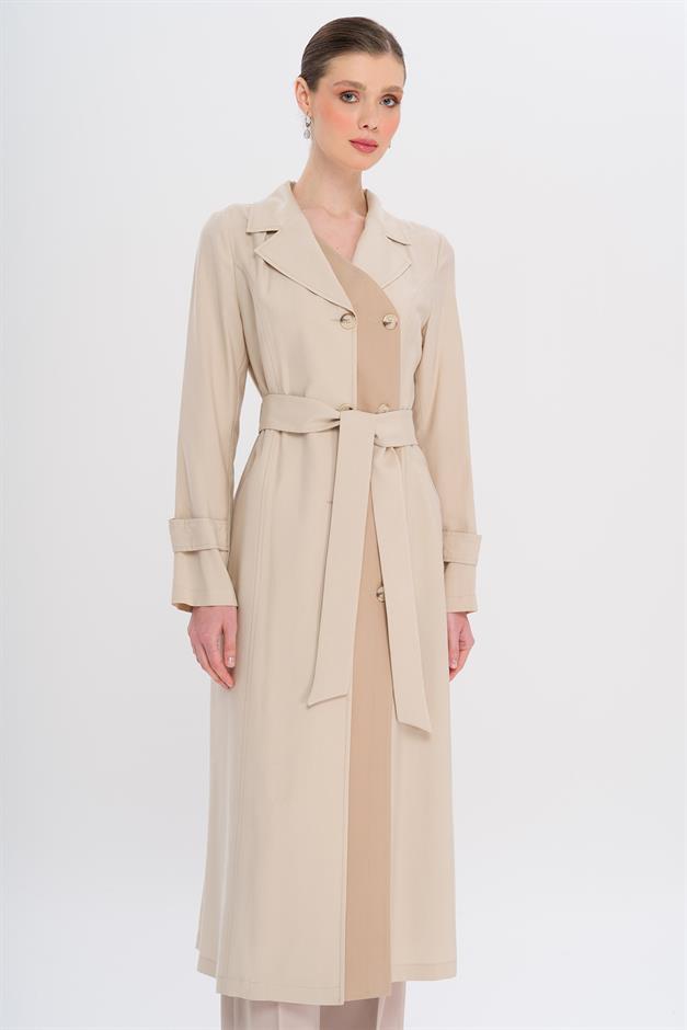 Garni Detailed Double-Breasted Unlined Modal Trench Coat STONE 6734