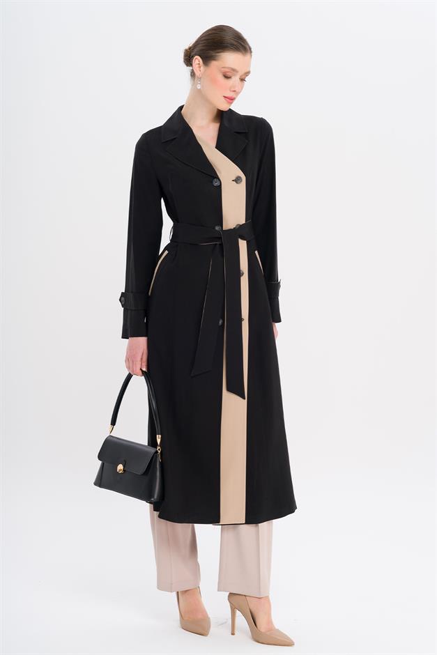 Garni Detailed Double-Breasted Unlined Modal Trench Coat BLACK 6734