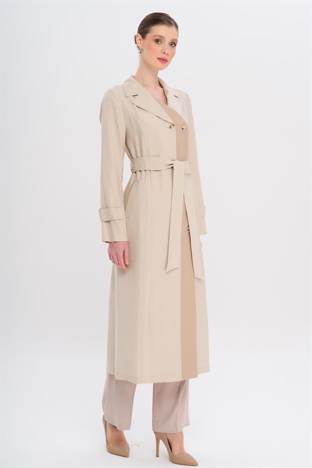 Garni Detailed Double-Breasted Unlined Modal Trench Coat STONE 6734