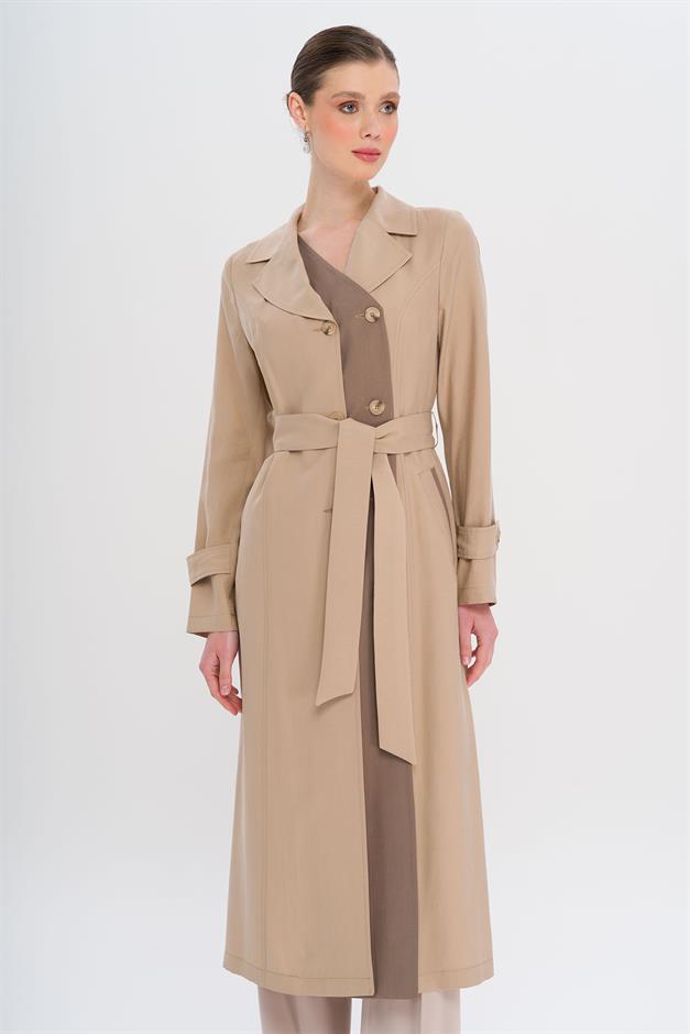 Garni Detailed Double-Breasted Unlined Modal Trench Coat IVORY 6734