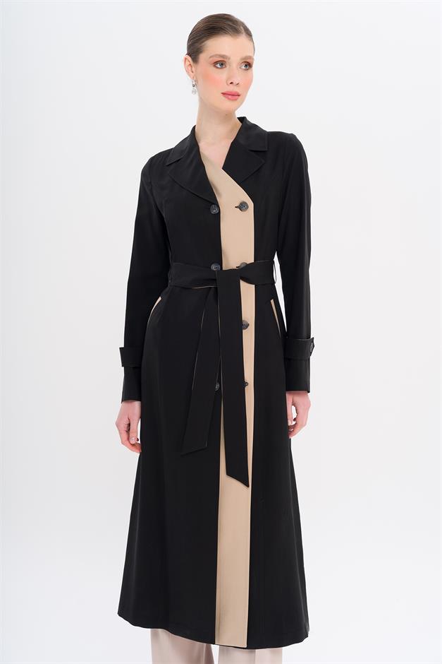 Garni Detailed Double-Breasted Unlined Modal Trench Coat BLACK 6734