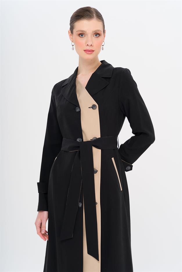 Garni Detailed Double-Breasted Unlined Modal Trench Coat BLACK 6734