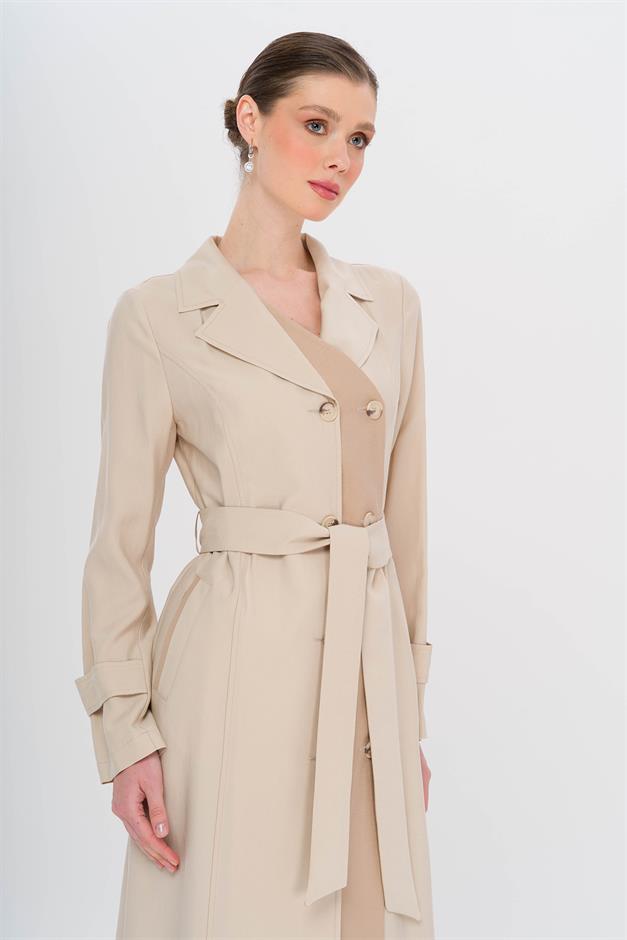 Garni Detailed Double-Breasted Unlined Modal Trench Coat STONE 6734