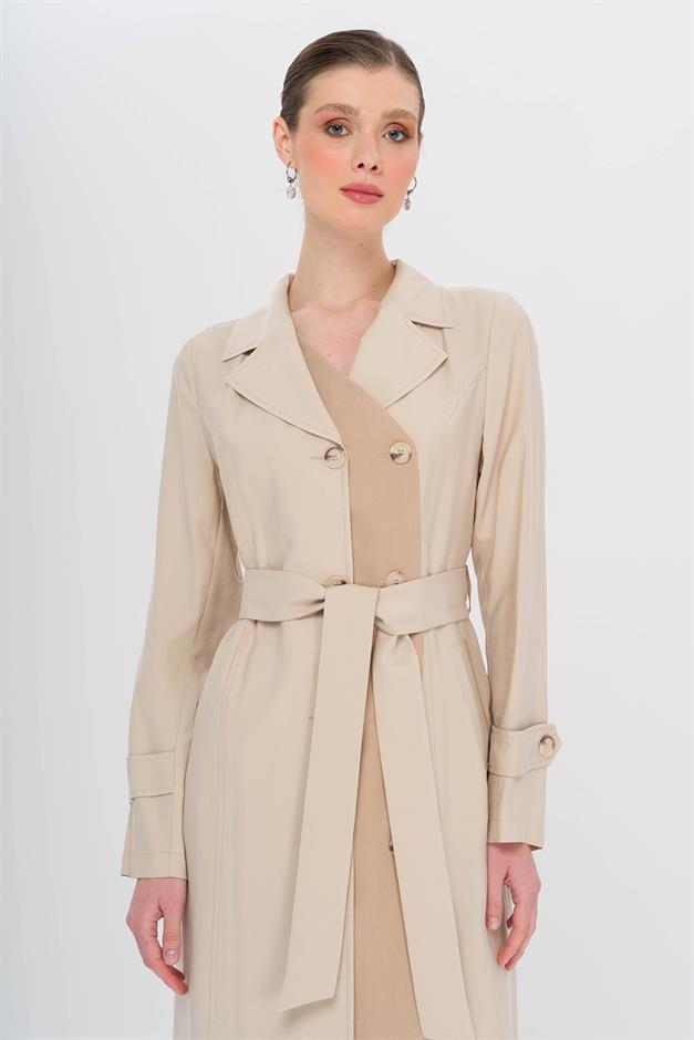 Garni Detailed Double-Breasted Unlined Modal Trench Coat STONE 6734