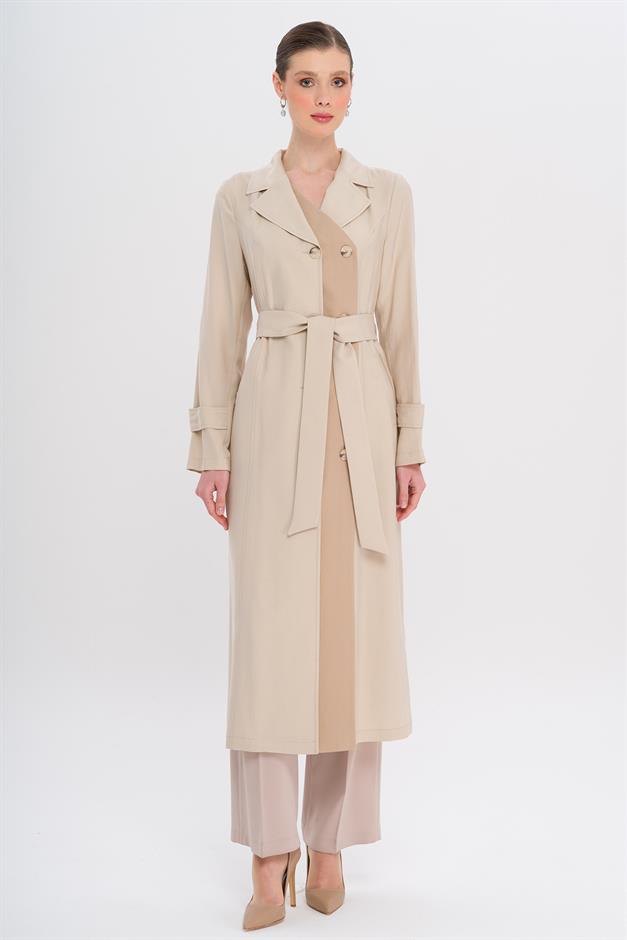 Garni Detailed Double-Breasted Unlined Modal Trench Coat STONE 6734