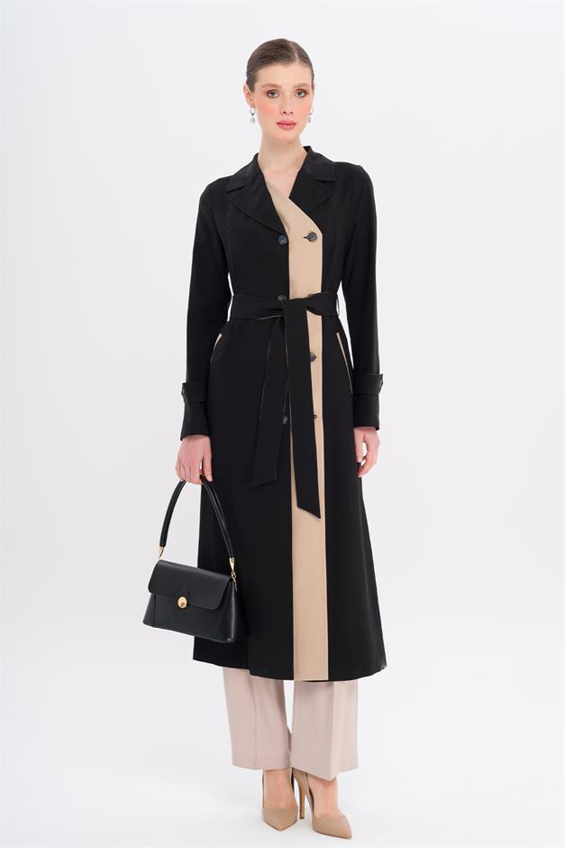 Garni Detailed Double-Breasted Unlined Modal Trench Coat BLACK 6734