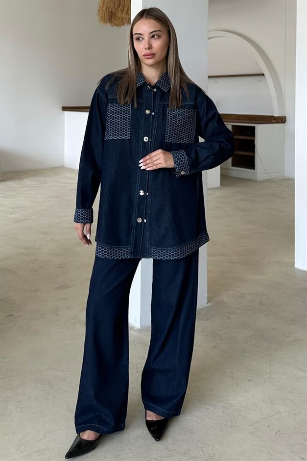 طقم تونيك وبنطلون جينز من غارني أزرق غامق 9376-TK