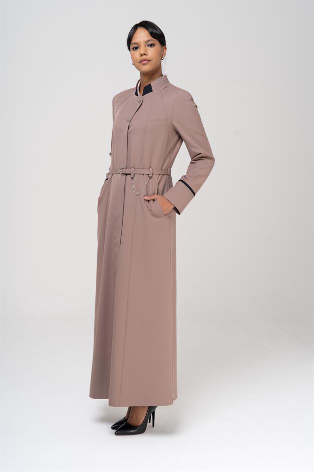 Garni ve Punto Detaylı Kemeri Zincirli Astarlı Pardesü VİZON 6567