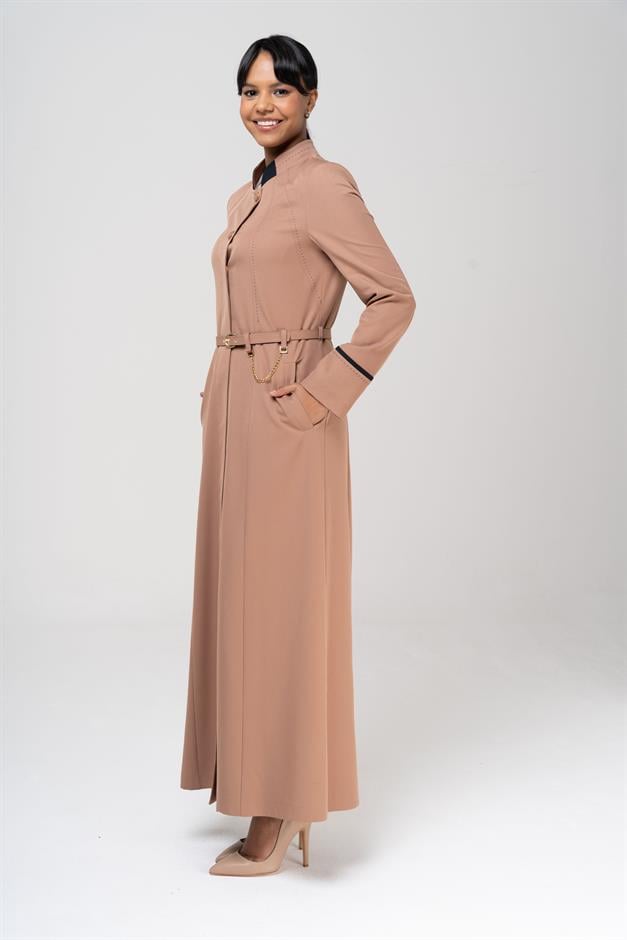 Garni ve Punto Detaylı Kemeri Zincirli Astarlı Pardesü KAMEL 6567