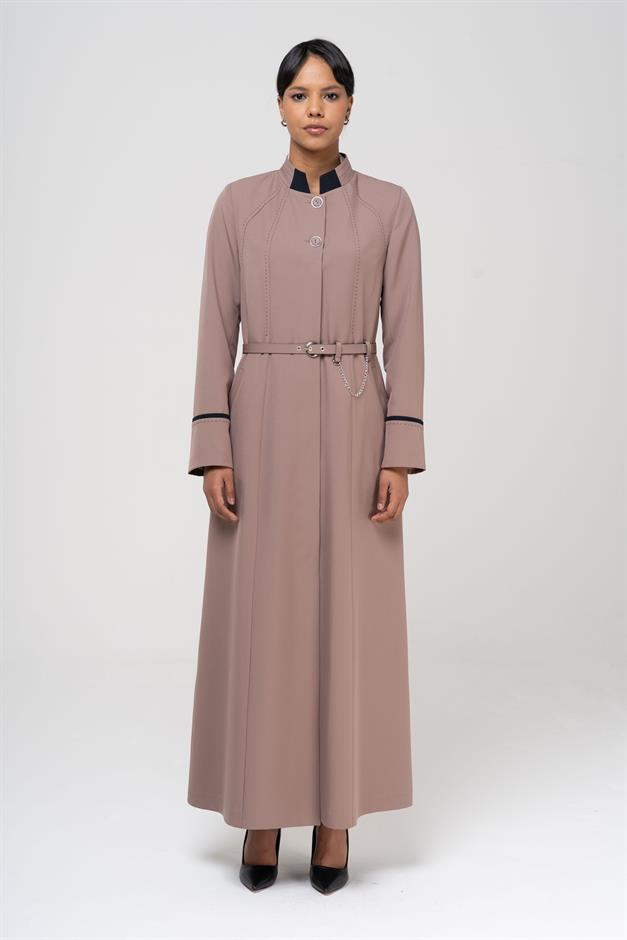 Garni ve Punto Detaylı Kemeri Zincirli Astarlı Pardesü VİZON 6567