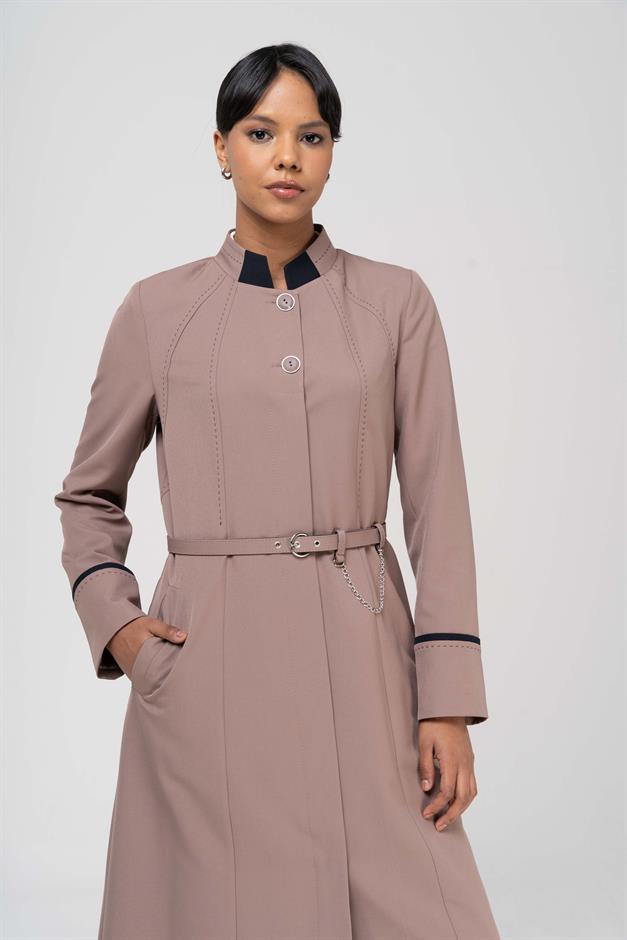 Garni ve Punto Detaylı Kemeri Zincirli Astarlı Pardesü VİZON 6567