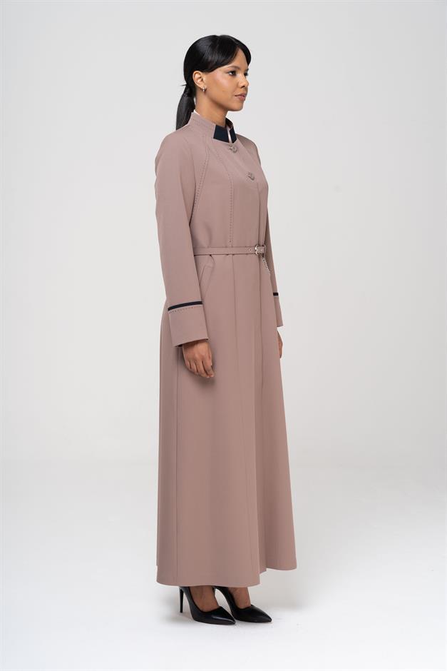 Garni ve Punto Detaylı Kemeri Zincirli Astarlı Pardesü VİZON 6567