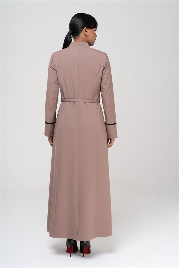 Garni ve Punto Detaylı Kemeri Zincirli Astarlı Pardesü VİZON 6567