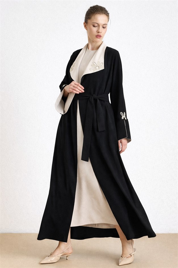 Garni ve Taş Detaylı Yarasa Kol Abaya Takım SİYAH 9425-TK