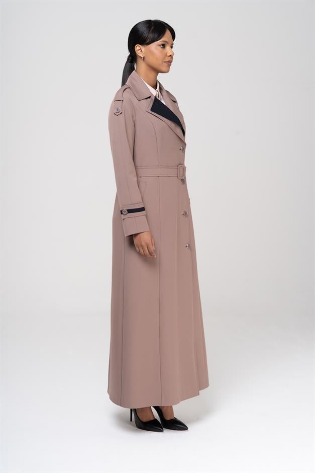 Garnili Apolet ve Çift Yaka Detaylı Astarlı Pardesü VİZON 6556