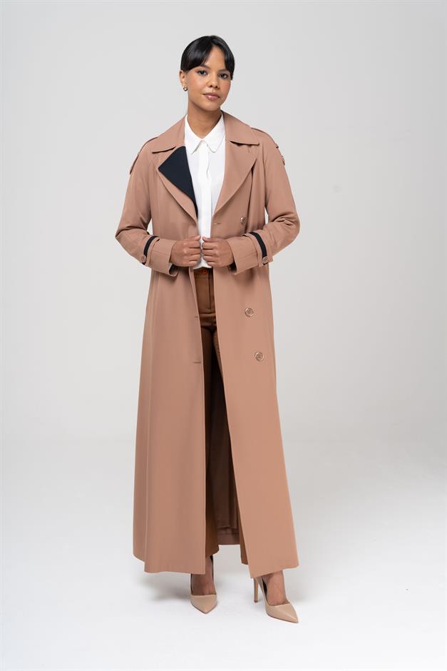 Garnili Apolet ve Çift Yaka Detaylı Astarlı Pardesü KAMEL 6556