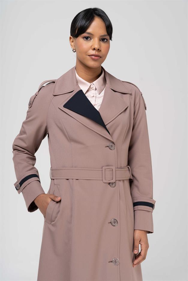 Garnili Apolet ve Çift Yaka Detaylı Astarlı Pardesü VİZON 6556