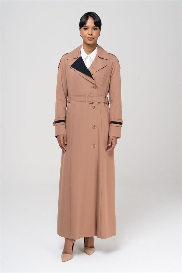 Garnili Apolet ve Çift Yaka Detaylı Astarlı Pardesü KAMEL 6556