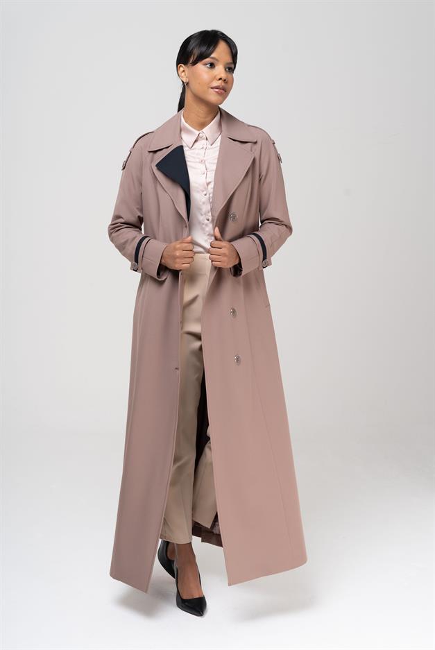 Garnili Apolet ve Çift Yaka Detaylı Astarlı Pardesü VİZON 6556