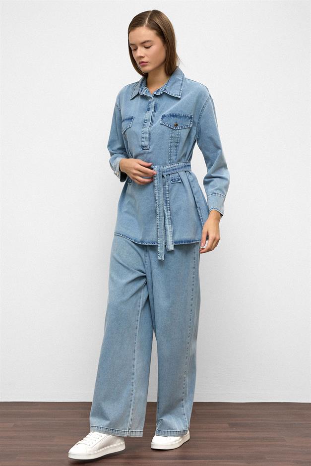 Wide Leg Denim Trousers Two Piece Set BLUE 9379-TK