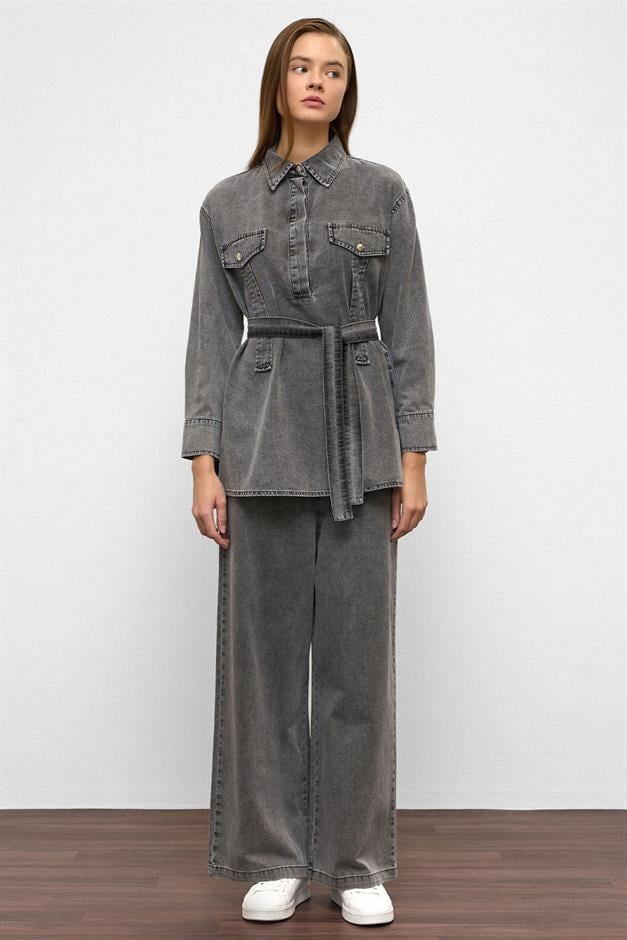 طقم بنطلون جينز واسع الساق من قطعتين أنثراسايت 9379-TK