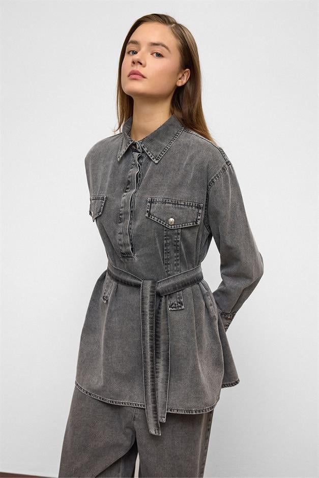 طقم بنطلون جينز واسع الساق من قطعتين أنثراسايت 9379-TK