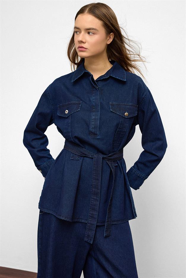 طقم بنطلون جينز واسع الساق من قطعتين أزرق غامق 9379-TK