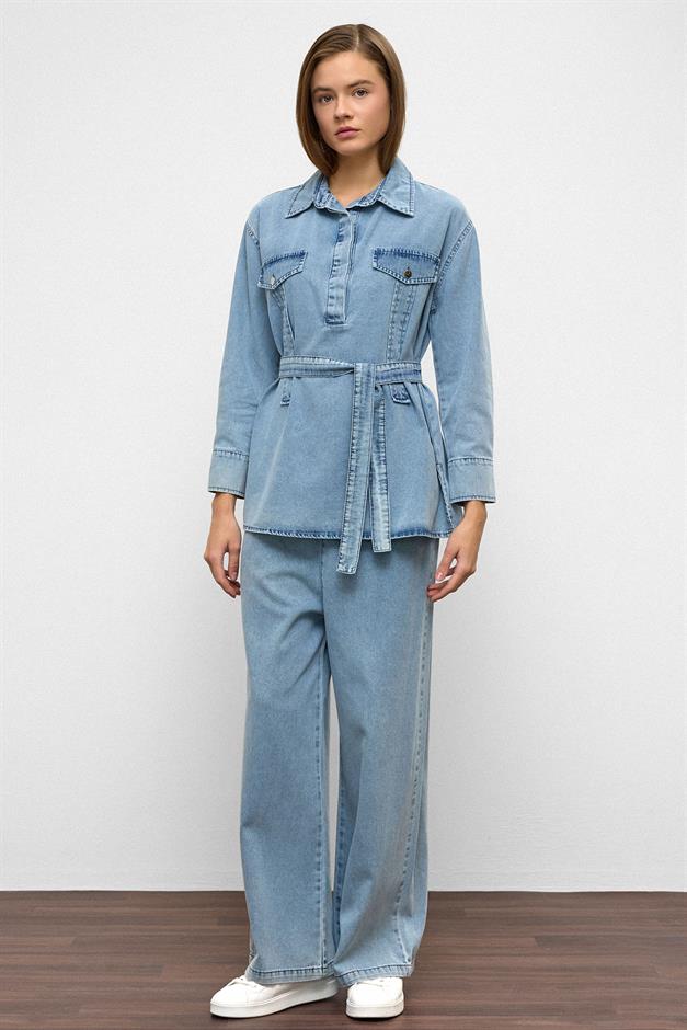 Wide Leg Denim Trousers Two Piece Set BLUE 9379-TK