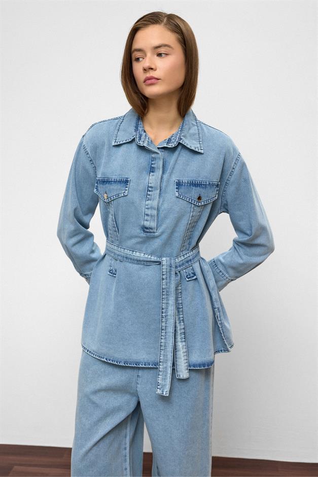 Wide Leg Denim Trousers Two Piece Set BLUE 9379-TK