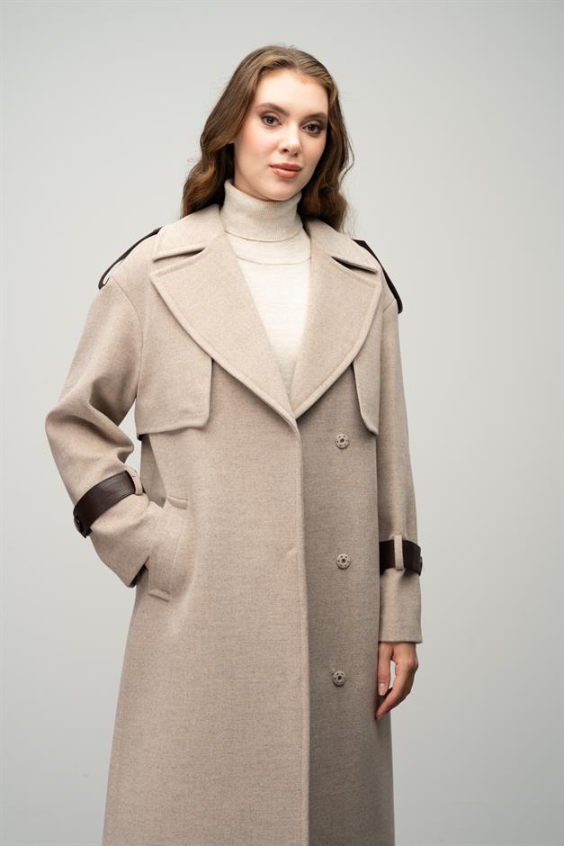 Cashmere Coat with Cape Detail and Genuine Leather Accessories BEIGE 3031-K