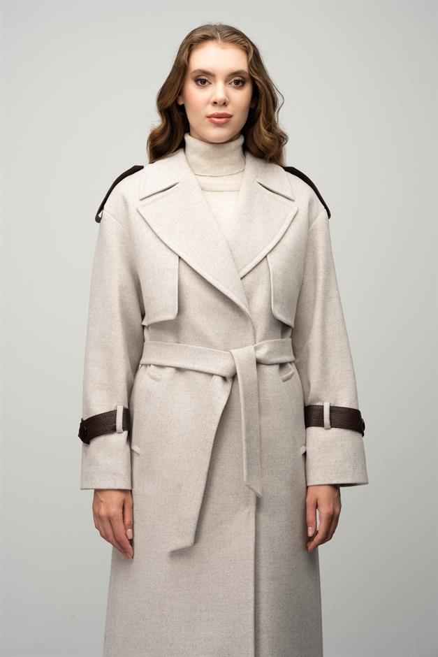 Cashmere Coat with Cape Detail and Genuine Leather Accessories IVORY 3031-K