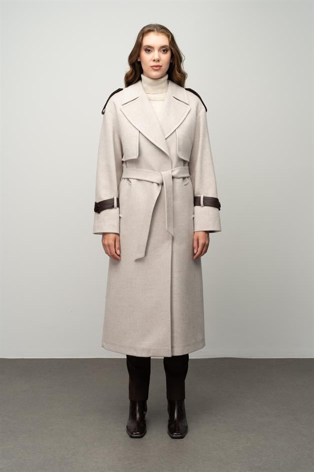 Cashmere Coat with Cape Detail and Genuine Leather Accessories IVORY 3031-K