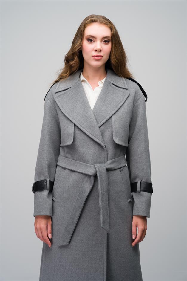 Cashmere Coat with Cape Detail and Genuine Leather Accessories DARK GREY 3031-K