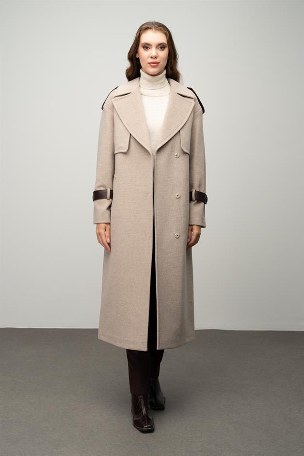 Cashmere Coat with Cape Detail and Genuine Leather Accessories BEIGE 3031-K