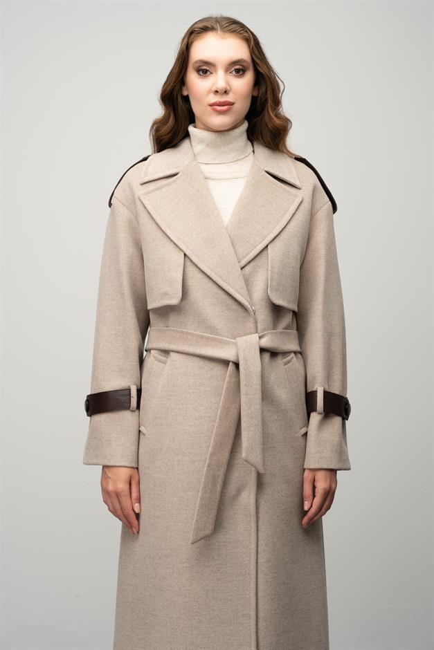 Cashmere Coat with Cape Detail and Genuine Leather Accessories BEIGE 3031-K
