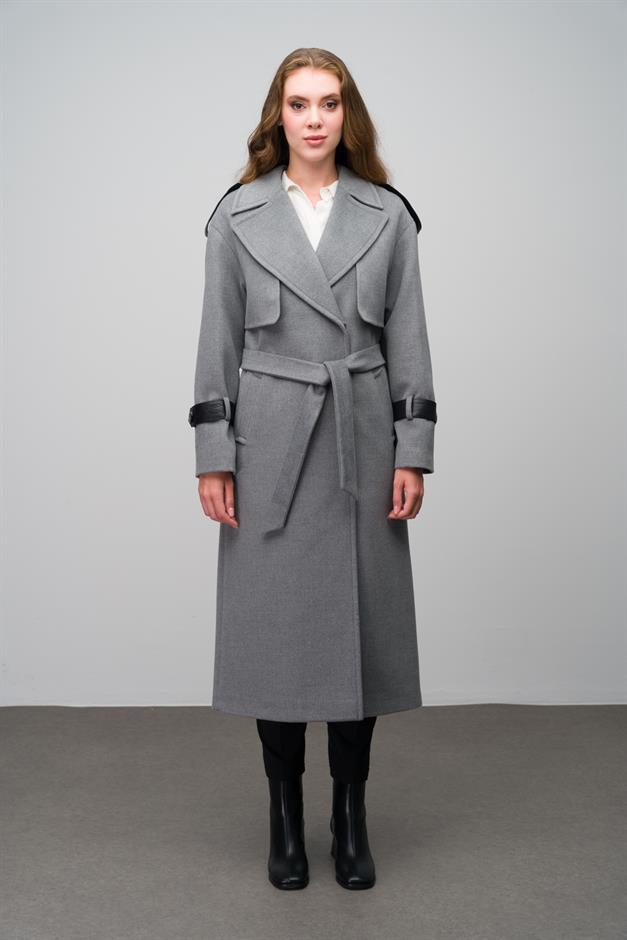 Cashmere Coat with Cape Detail and Genuine Leather Accessories DARK GREY 3031-K