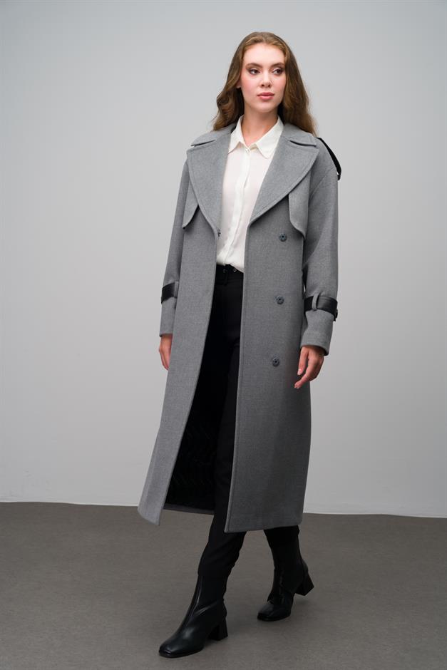 Cashmere Coat with Cape Detail and Genuine Leather Accessories DARK GREY 3031-K